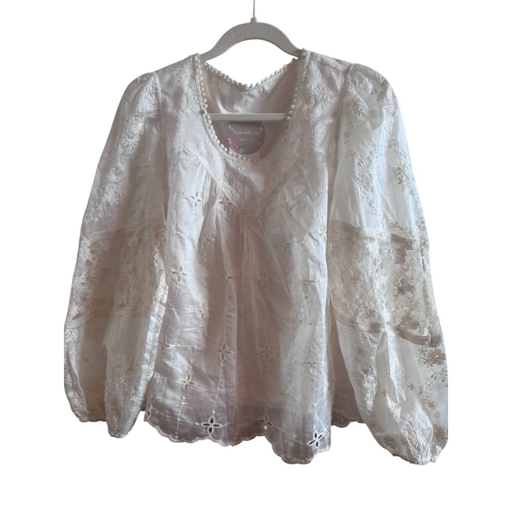 NWT Lavender Tribe Cream Embroidered Lace Blouse M/L Boho Vintage Look Peasant